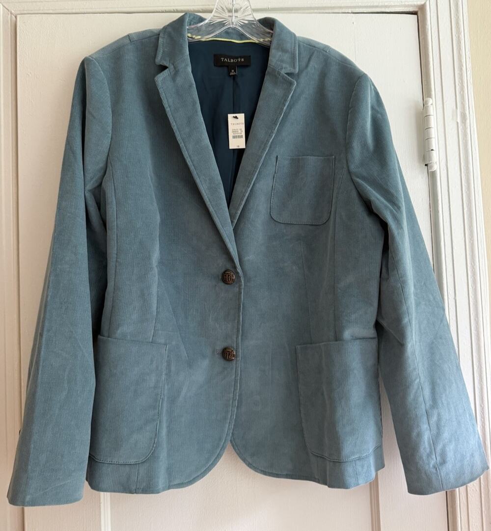 Talbots Size 18 Blue Corduroy Blazer Jacket Crest Buttons Cotton Stretch NWT